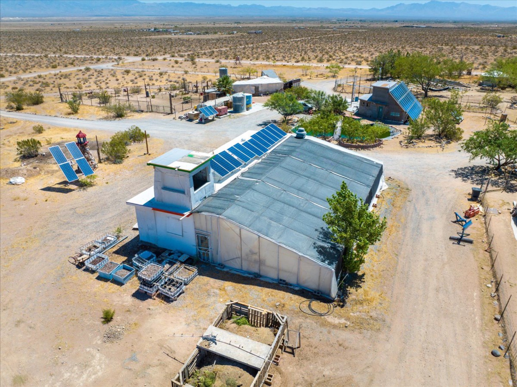 The greenhouses and aquaponics from above