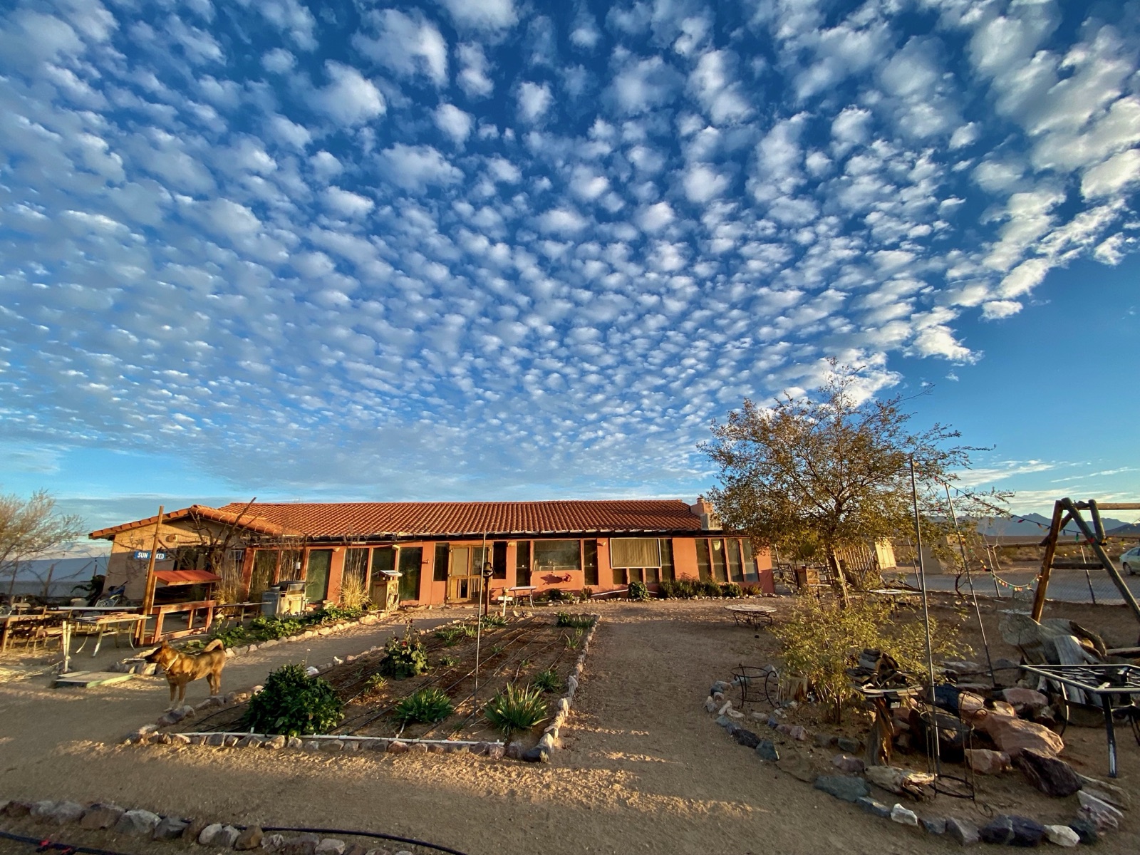 Sunbaked Farm main residence beneath a mackerel sky