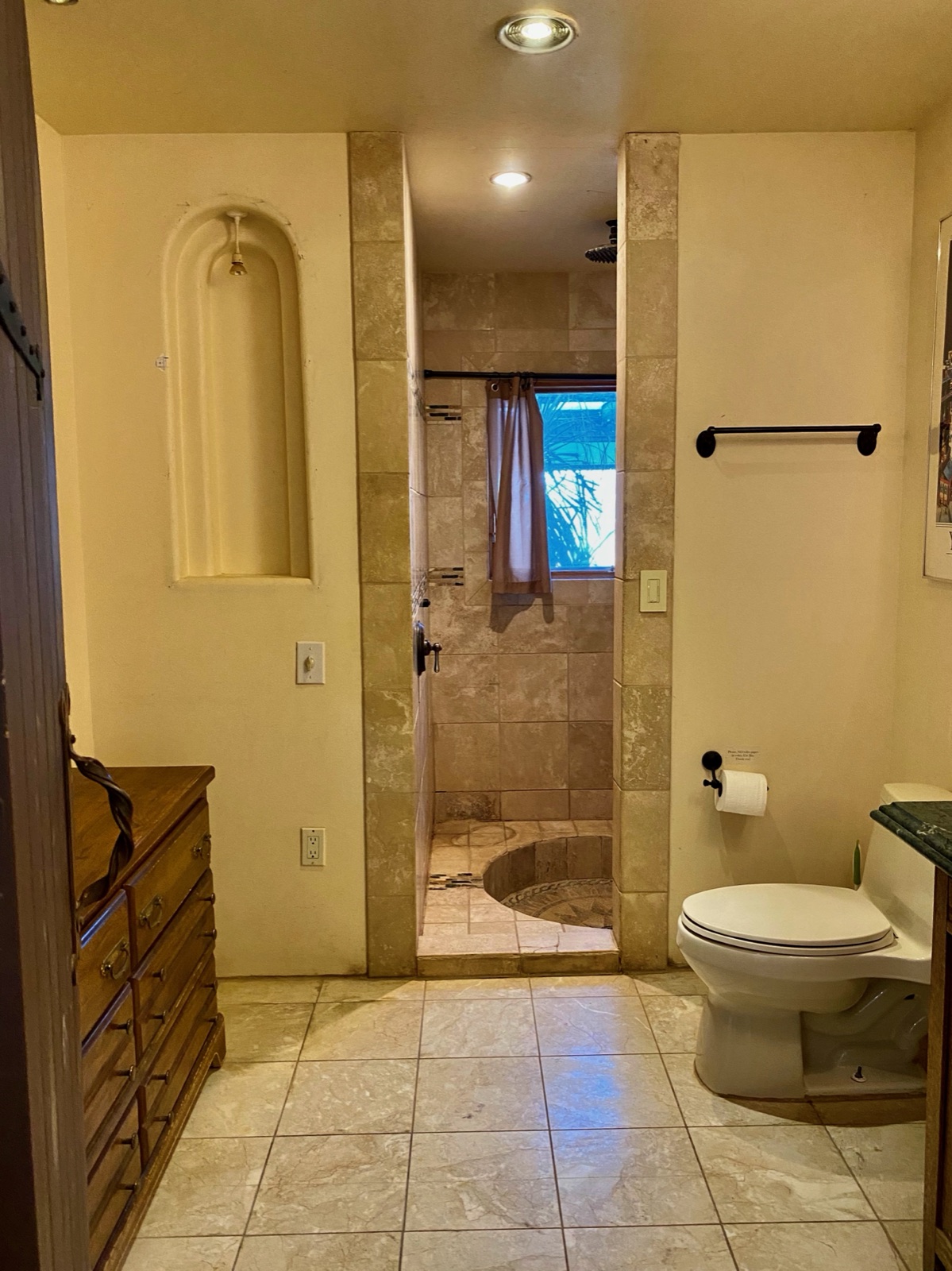 Walk-in shower and arched nicho